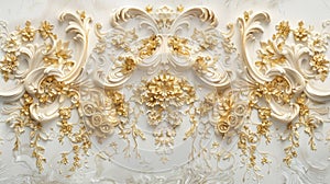 a rich golden baroque ornament delicately engraved on a pristine white background. The intricate details and lavish