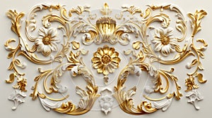 a rich golden baroque ornament delicately engraved on a pristine white background. The intricate details and lavish