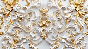 a rich golden baroque ornament delicately engraved on a pristine white background. The intricate details and lavish