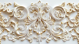 a rich golden baroque ornament delicately engraved on a pristine white background. The intricate details and lavish