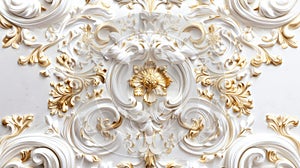 a rich golden baroque ornament delicately engraved on a pristine white background. The intricate details and lavish