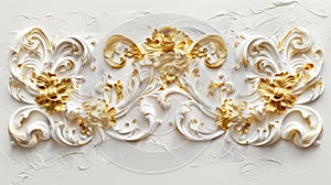 a rich golden baroque ornament delicately engraved on a pristine white background. The intricate details and lavish