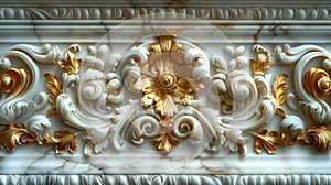 a rich golden baroque ornament delicately engraved on a pristine white background. The intricate details and lavish