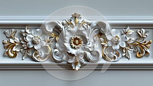 a rich golden baroque ornament delicately engraved on a pristine white background. The intricate details and lavish