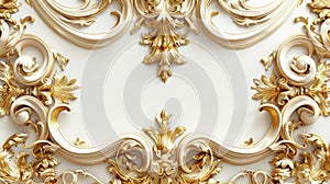 a rich golden baroque ornament delicately engraved on a pristine white background. The intricate details and lavish