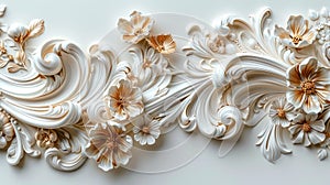 a rich golden baroque ornament delicately engraved on a pristine white background. The intricate details and lavish