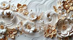 a rich golden baroque ornament delicately engraved on a pristine white background. The intricate details and lavish