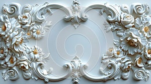 a rich golden baroque ornament delicately engraved on a pristine white background. The intricate details and lavish