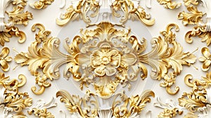 a rich golden baroque ornament delicately engraved on a pristine white background. The intricate details and lavish