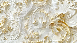 a rich golden baroque ornament delicately engraved on a pristine white background. The intricate details and lavish