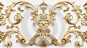 a rich golden baroque ornament delicately engraved on a pristine white background. The intricate details and lavish