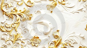 a rich golden baroque ornament delicately engraved on a pristine white background. The intricate details and lavish