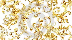 a rich golden baroque ornament delicately engraved on a pristine white background. The intricate details and lavish