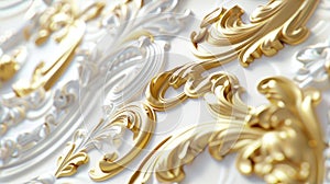 a rich golden baroque ornament delicately engraved on a pristine white background. The intricate details and lavish