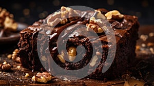A rich and gooey brownie with a sprinkling of walnuts on top created with Generative AI
