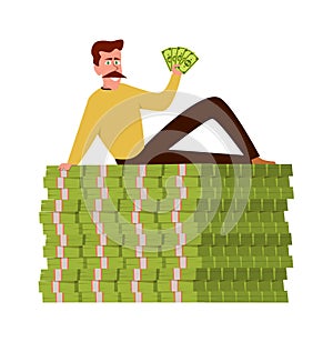 Rich guy. Happy wealthy businessman sitting on stack of money, vector pile cash with man