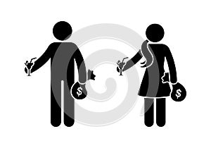 Rich happy stick figure business man and woman standing with moneybags and drinks vector icon pictogram silhouette set on white