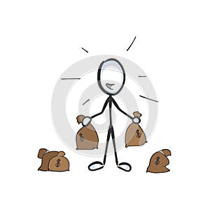 Rich holding bags of cash money. Vector simple wealthy man a lot of dollars. Stickman no face clipart cartoon. Hand drawn. Doodle