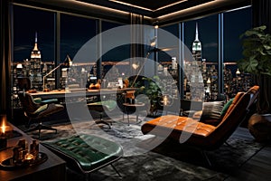 Rich home office interior at night, dark modern apartment in skyscraper with city view. Stylish luxury room design with green