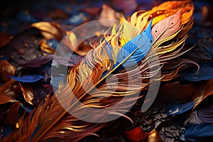 Rich hues dance across the backdrop, spotlighting a gold feather\'s intricate allure