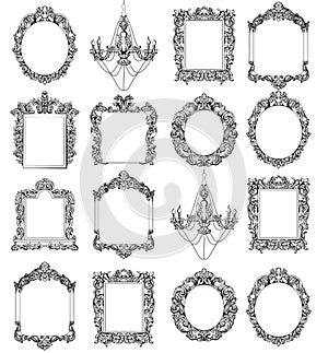 Rich Imperial Baroque Rococo frames set. French Luxury carved ornaments. Vector Victorian exquisite Style decorated