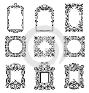 Rich Imperial Baroque Rococo frames set. French Luxury carved ornaments. Vector Victorian exquisite Style decorated
