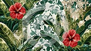 Tropical Botanical Pattern with Red Flowers