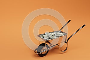 rich life concept. take out the money in a wheelbarrow. wheelbarrow with cash dollars. 3d render