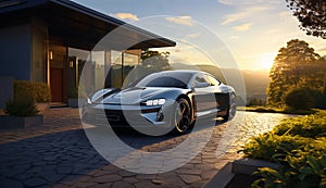 Rich luxury car and modern house.Generic electric vehicle EV hybrid. modern low energy suburban house,