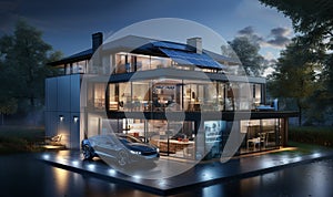 Rich luxury car and modern house.Generic electric vehicle EV hybrid. modern low energy suburban house,
