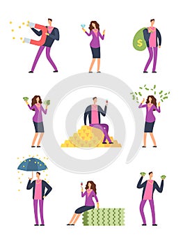 Rich luxury people spending money. Happy wealthy man, millionaire vector cartoon characters set isolated