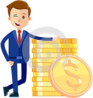 Rich male character with gold coins. Successful man near stack of money. Business success concept