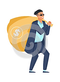 Rich man with bag of money. Millionaire carries full sack with dollar sign. Lucky casino player, jackpot winner. Happy photo