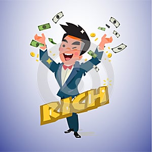 Rich man with bank note. money man character design - vector