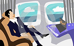 A rich man on a business class plane vector illustration. A businessman is sitting on a plane with a laptop.