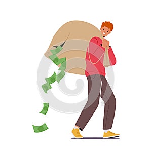 Rich Man Carry Torn Sack with Dollars Fall from Hole. Male Character Richness, Wealth and Prosperity Concept