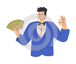 Rich Man Character with Banknotes in Hand Showing Ok Gesture Vector Illustration