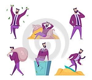 Rich man. Millionaire businessman with self treasures money dollars happy lifestyle exact vector characters in action
