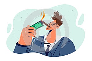 Rich man millionaire smokes cigar and sets dollar bill on fire to show lack of financial problems