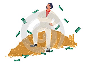 Rich man standing on cash money pile, flat vector illustration. Wealthy businessman, millionaire, happy lottery winner.