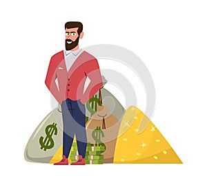 Rich millionaire. Relaxed businessman or wealthy entrepreneur in suit with money pile vector flat concept