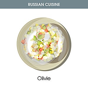Rich Olivie salad dressed with mayonnaise from Russian cuisine