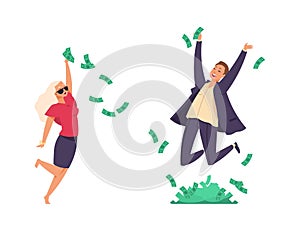 Rich people. Cartoon millionaires throwing banknotes and jumping. Flying paper money. Happy man and woman won lottery