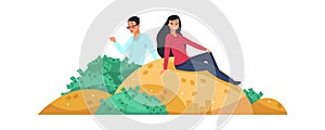 Rich people. Vector couple man and woman sitting on gold mount and bunch of money. Financial success cartoon concept