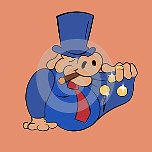 Rich pig merchant watch seller,pawn shop. Vintage toons: funny character, vector illustration trendy classic retro