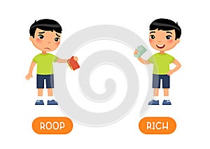 RICH and POOR antonyms word card vector template. Opposites concept.