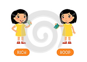 RICH and POOR antonyms word card vector template. Opposites concept