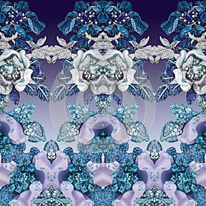 Rich print with geometry, stones, diamonds, crystals, flowers, sapphire and jewellery.