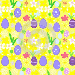 Rich Purple on yellow many colorful decorated Easter eggs background