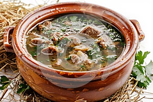 Rich Rustic Soup in Clay Pot, Hot Beef Broth, Meat Bouillon with Greenery Spices in Ceramic Cookware